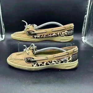 Sperry Top Sider 9102146 Boat Shoes Women's 8.5M Brown Leather Leopard Print EUC